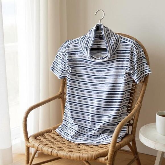 TALBOTS Linen Stretchy Funnel Neck Top Blue Cream Stripe Womens XS - Picture 1 of 6